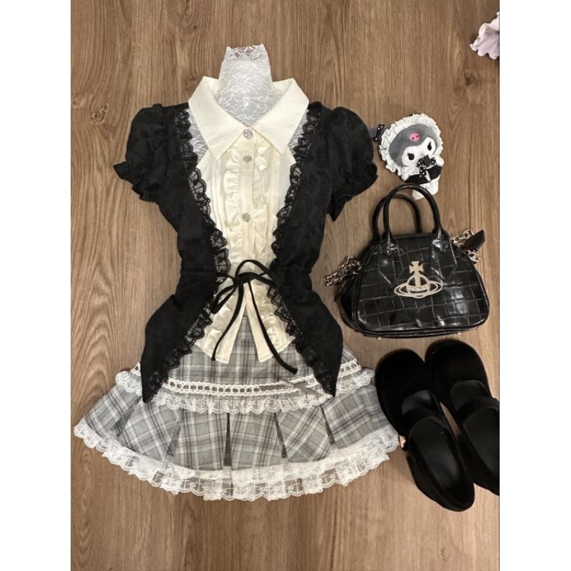 GETADME Women Sweet Vintage Mori Girl Style High Waist Splicing Plaid Long Skirt Winter New Korean Fashion Beige Lace Kawaii Maxi Skirts