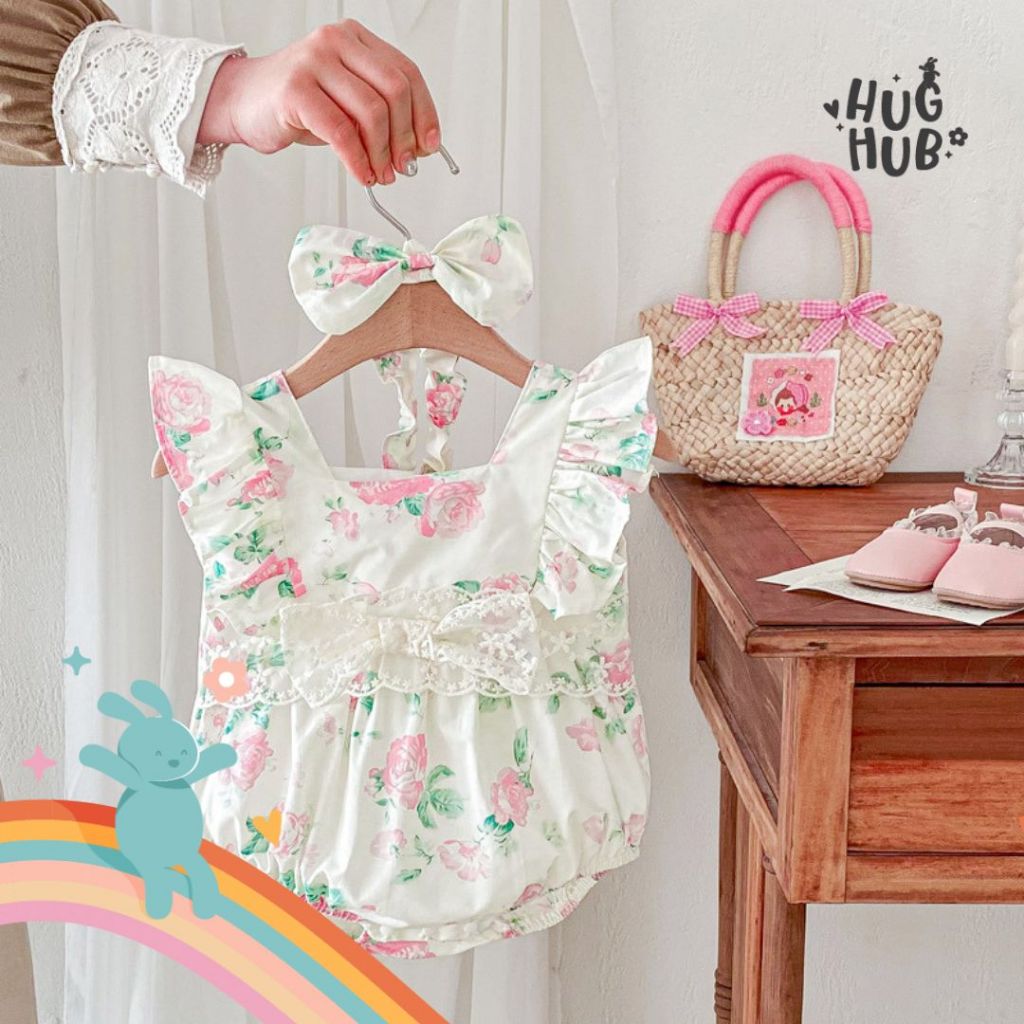 Jual Hughub Baju Romper Premium Set Bando Bayi Perempuan Motif Putih ...