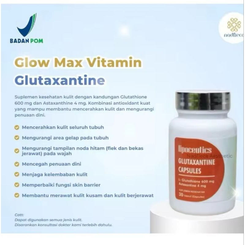 Glutaxanthine Lipoceutics Suplement Pencerah Kulit Glutathione 600mg  Astaxanthine 4mg isi 30 Kapsul