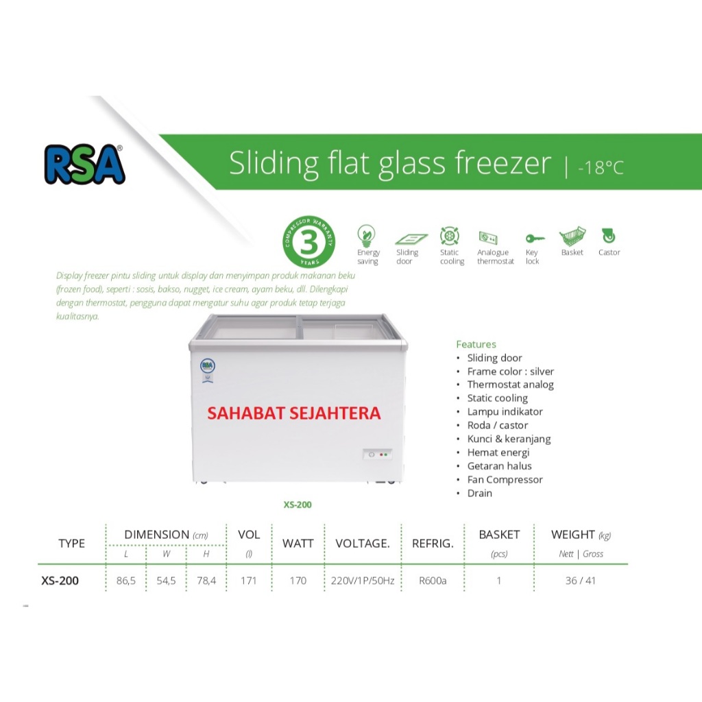 Jual RSA Sliding Flat Glass Freezer XS-200 Freezer Sliding Kaca ...