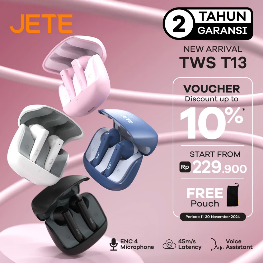 TWS Bluetooth ENC with 4 Mic JETE T13 BT 5.4 IPX5 Playtime 20H - Garansi 2 Tahun