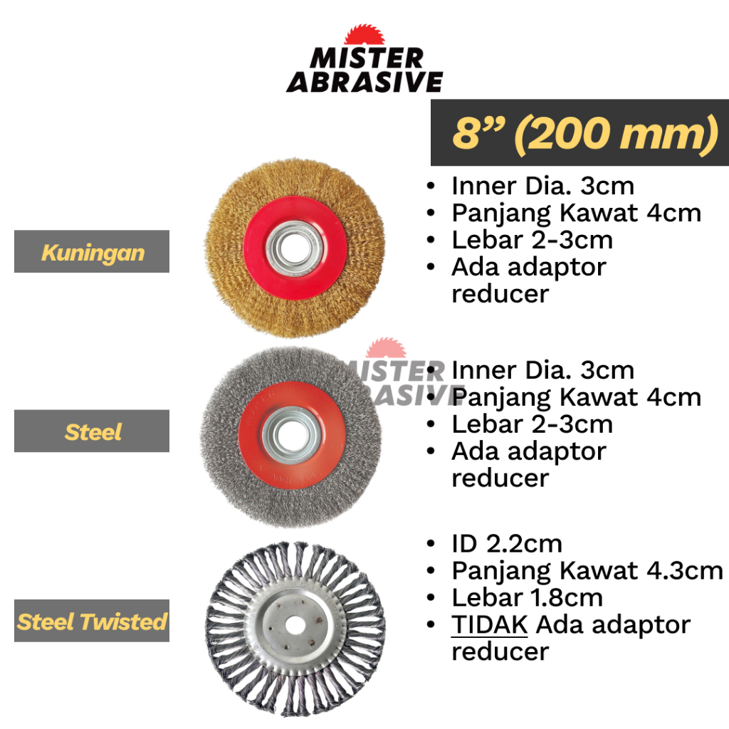 Jual 8 In Wire Wheel Brush 200 mm Brass Sikat Kawat Baja Piring ...