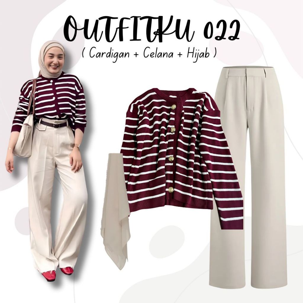 Jual One Set 3in1 Cardigan Strip Celana Hijab Bella Square