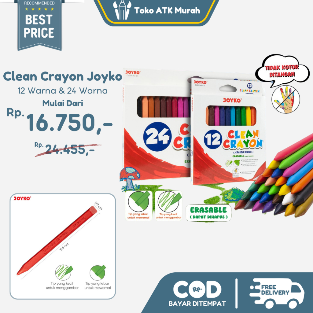 Jual Clean Crayon Joyko 12 Warna CLCR-AB-12 / 24 Warna CLCR-AC-24 ...