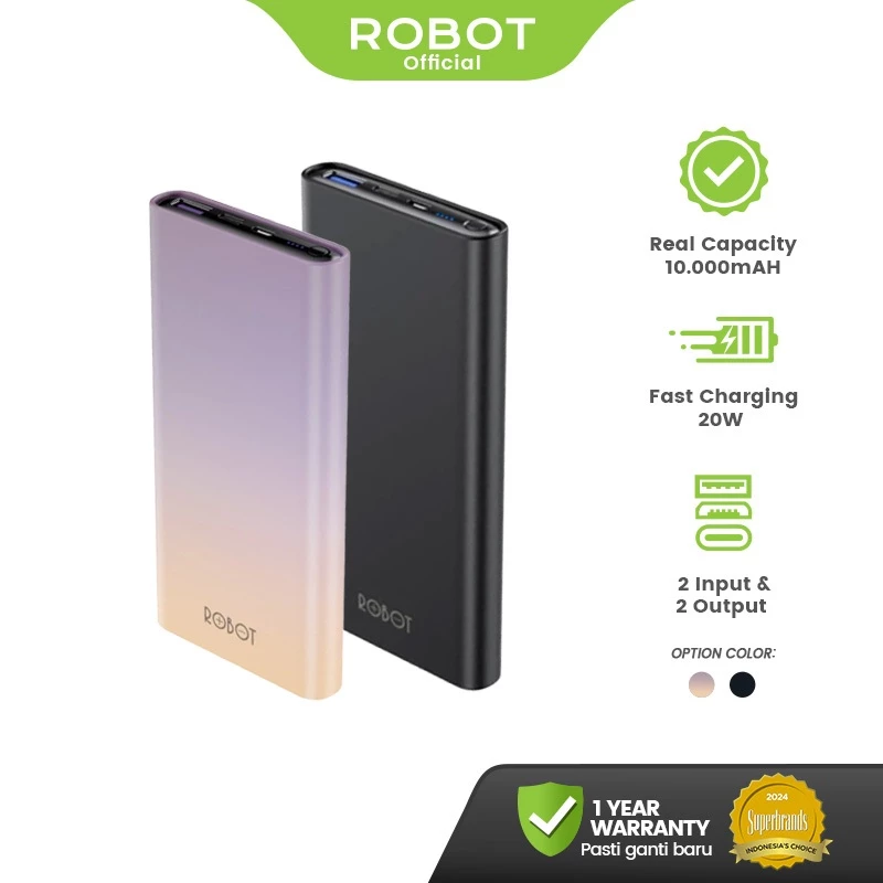 ROBOT Powerbank 10000mAh Dual Port 20W PD Fast Charging Quick Charging 3.0 Power bank Gradasi RT11 Original