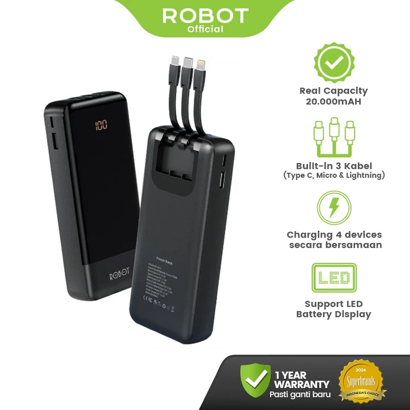 Powerbank ROBOT 20000mAH RP-201L 2.1A Dengan 3 Kabel Type C Lightning Micro