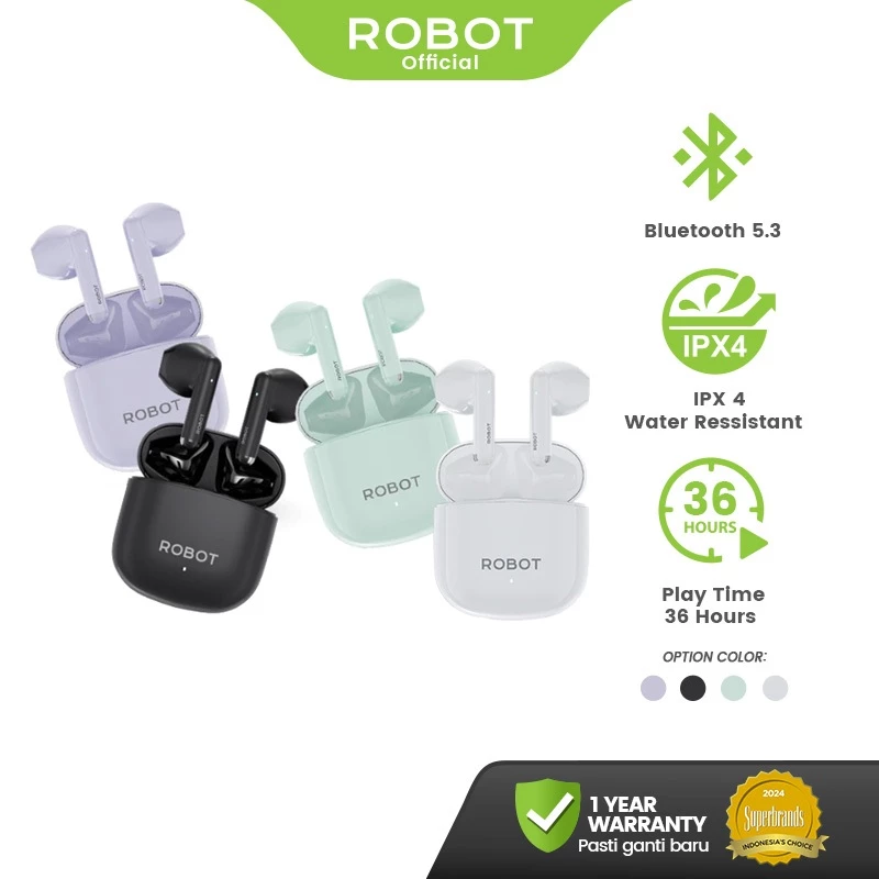 ROBOT TWS Earphone Bluetooth 5.3 Headset Wireless Mini Earbuds 36 PlayTime IPX4 Waterproof T60 Original - Garansi 1 Tahun
