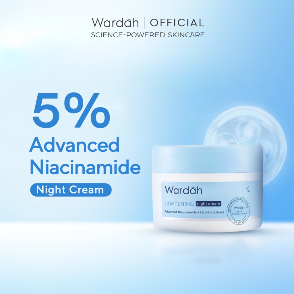 Wardah Lightening 5% Niacinamide + Allantoin Night Cream - Krim Pelembab Malam dengan Niacinamide ADV + Glutathione yang Melembapkan, Melindungi, Menutrisi, Menyamarkan Noda Hitam, Mencerahkan Kulit Kusam, Bekas Jerawat, Belang - Glowing Whitening