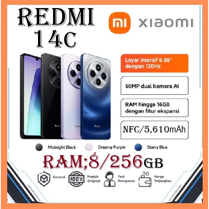 Jual Hp XIOMI REDMI 14c (NFC) ORI RAM 8/256GB [Bterai 5,610mAh™Layar 6