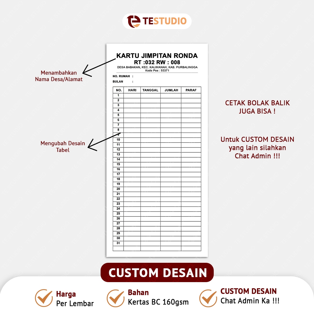 Jual TeStudio - Kartu Jimpitan Ronda / Kartu Iuran Warga / Kartu Ronda ...