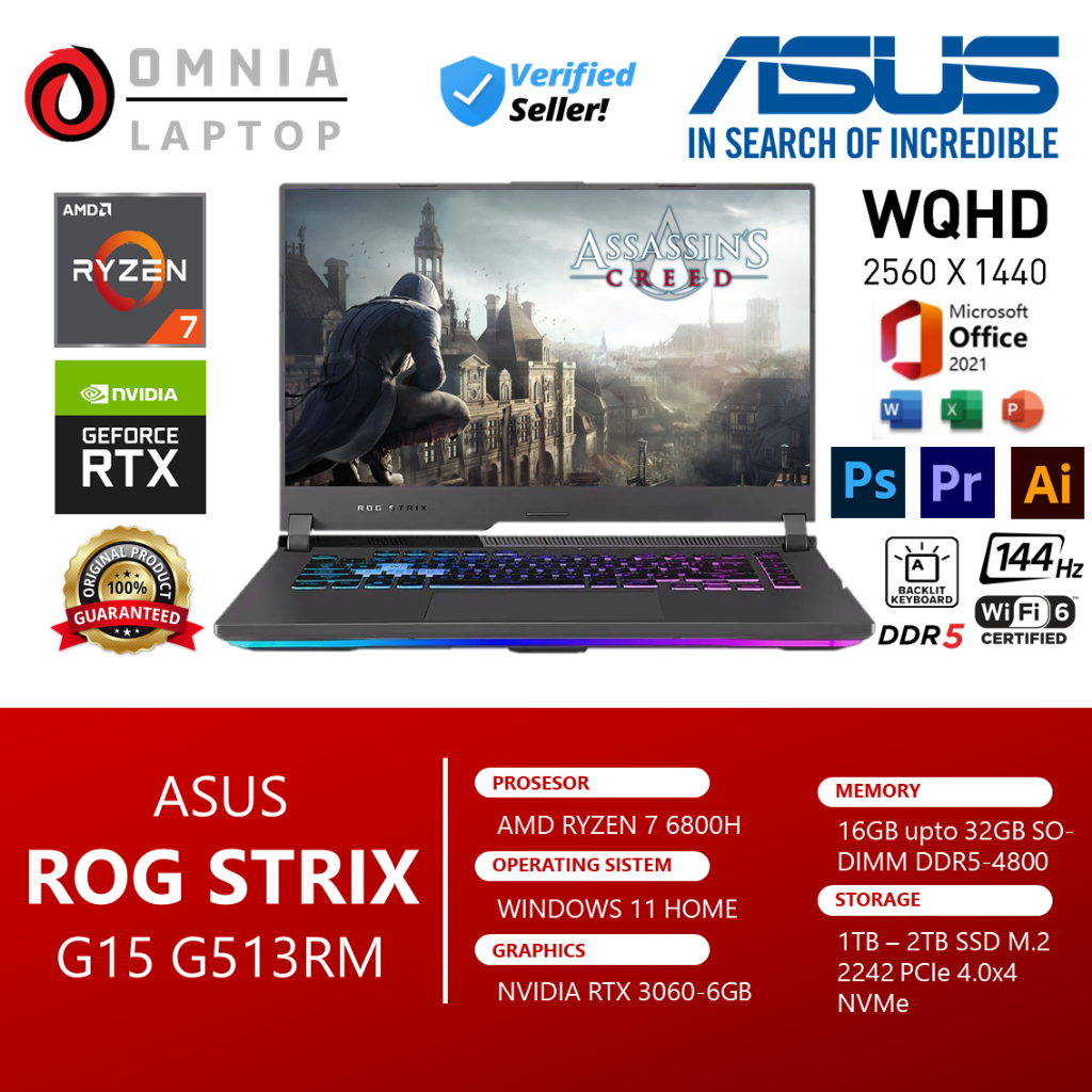 Laptop Gaming Asus Rog Strix G15 G513rm Ryzen 6800h Ram 32gb Ddr5 2tb Ssd  Rtx 3060 Wqhd 165hz