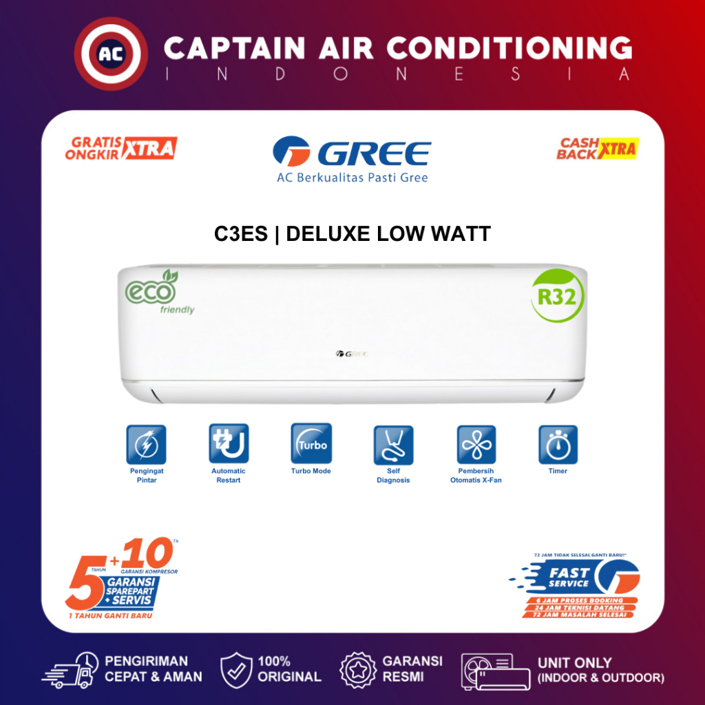 Jual GREE AC Split GWC-07C3ES / GWC07C3ES 3/4 PK Deluxe Low Watt ...
