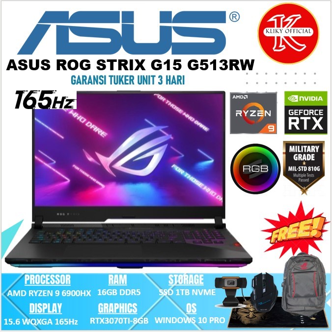 Jual Laptop Gaming Editing Asus ROG STRIX G15 G513RW Amd Ryzen 9 6900HX ...