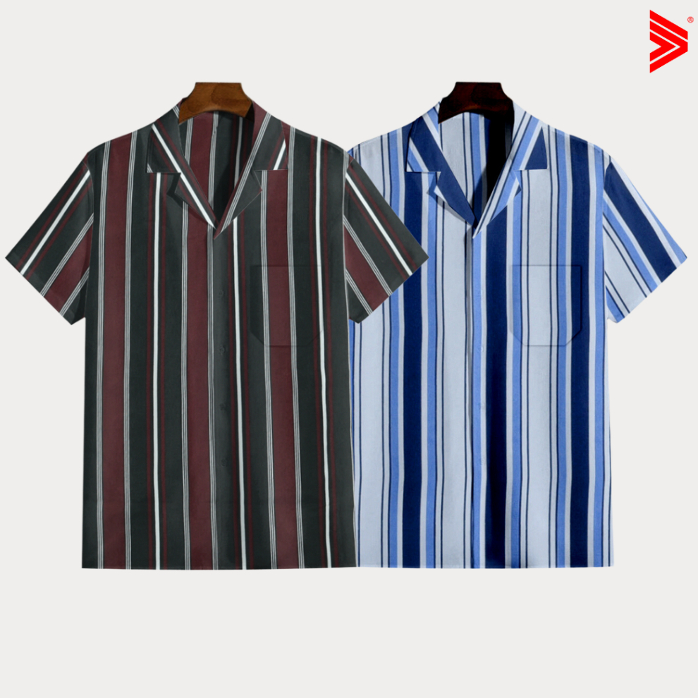 Jual Tiagan Kemeja Salur V Neck Pria Wanita Lengan Pendek Baju Motif