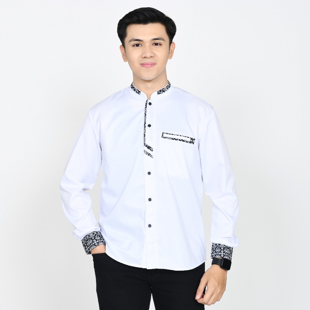 Elrumi Baju koko Atasan Pria Lengan Panjang Motif Annoz Putih Polos