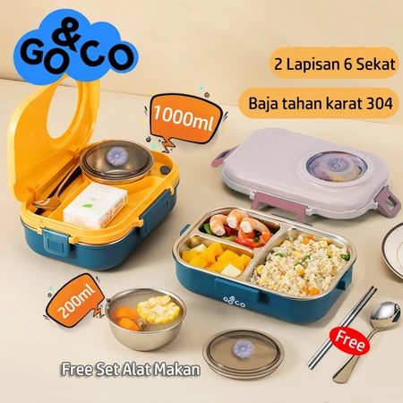 GO&CO Lunch Box Kotak Makan 2 Lapisan 6 Sekat SUS 304 Stainless Steel Tahan Panas Dan Anti Tumpah