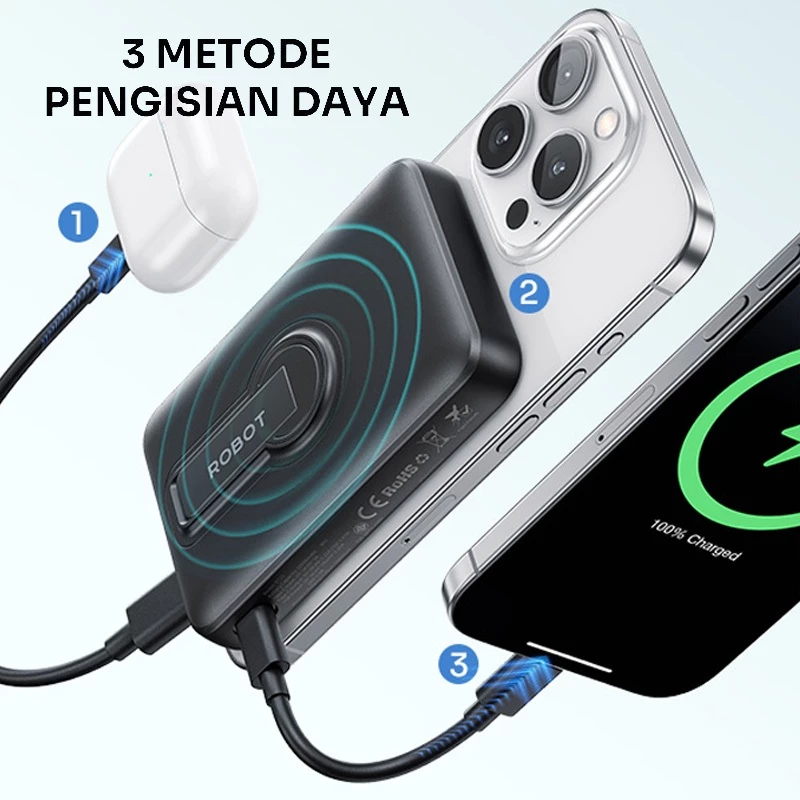 ROBOT Powerbank Magnetic Magsafe Kuat 10N PD 20W Fast Charging 10000 mAh RT15 Original
