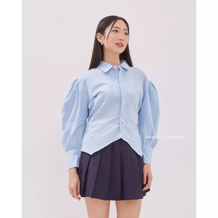 Sanju Blouse - Halinka Shirt - Blouse Wanita Korean Style Linen - Kemeja Crop Lengan Panjang - Atasan Wanita