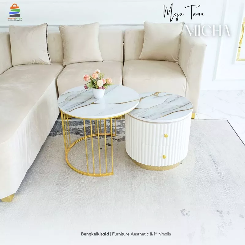 Meja Micha - Meja Tamu Bulat Minimalis Luxury Glossy Duco List Gold Stainless