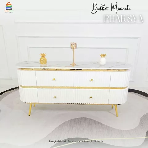 Meja Pharsya Buffet TV Minimalis Modern Aesthetic / Rak TV Mewah 4 Laci Kayu Solid Cat Duco Glossy List Gold