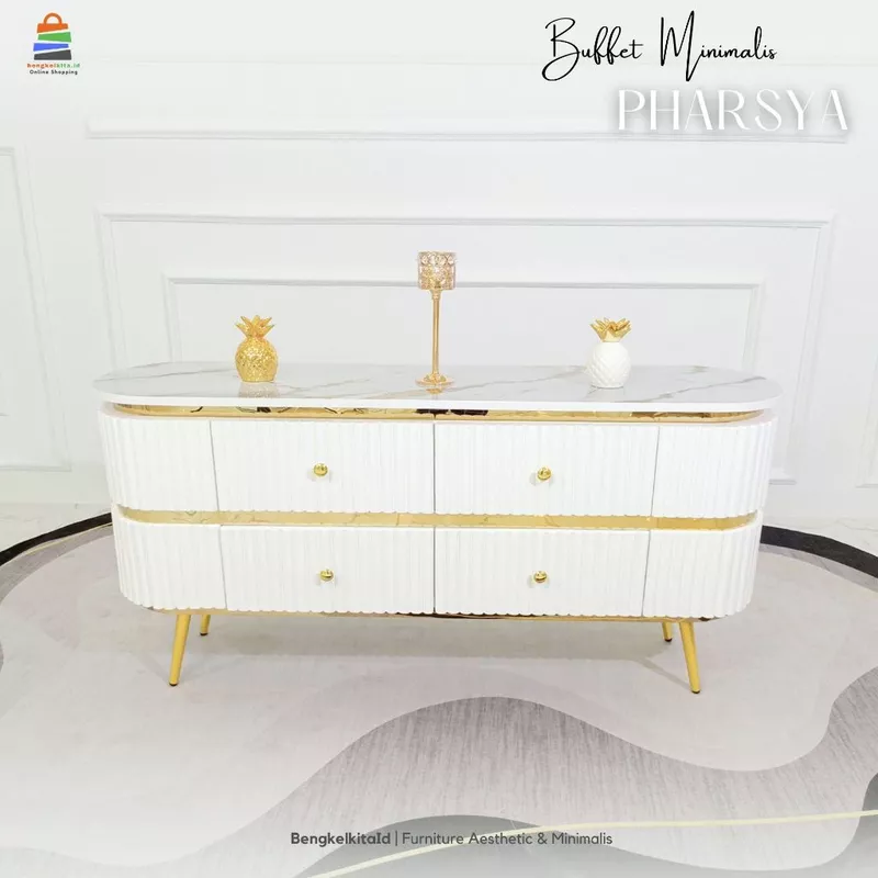 Meja Pharsya Buffet TV Minimalis Modern Aesthetic / Rak TV Mewah 4 Laci Kayu Solid Cat Duco Glossy List Gold