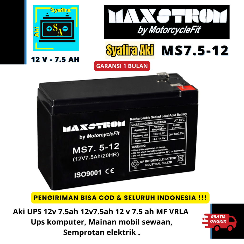 Aki UPS 12v 7.5ah 12v7.5ah 12 v 7.5 ah MF VRLA Maxstrom Accu Baterai Battery Kering Original