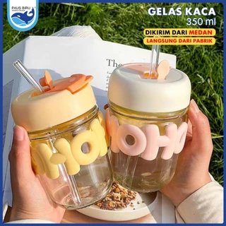 Paus Biru - Gelas Kaca Sedotan Hoho Kopi 350ml Sedotan Silikon Dengan Dos Tumbler Kaca Botol Kaca