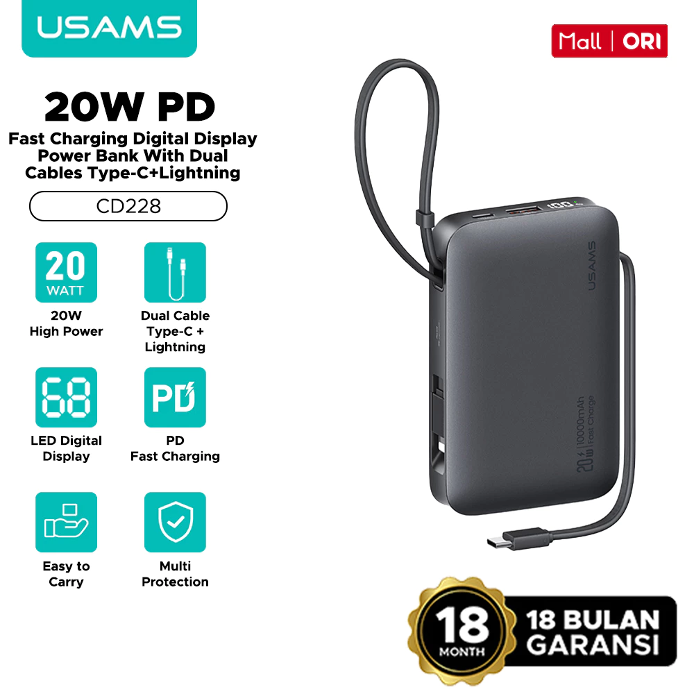 USAMS Powerbank 10000mAh Fast Charging 20W Digital Display With Type C & Lightning Cable CD228