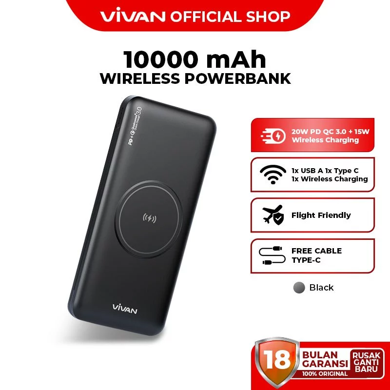 VIVAN Wireless Powerbank 10000 mAh 3 Output Fast Charging 20W PD VPB-W11 Garansi 12 Bulan