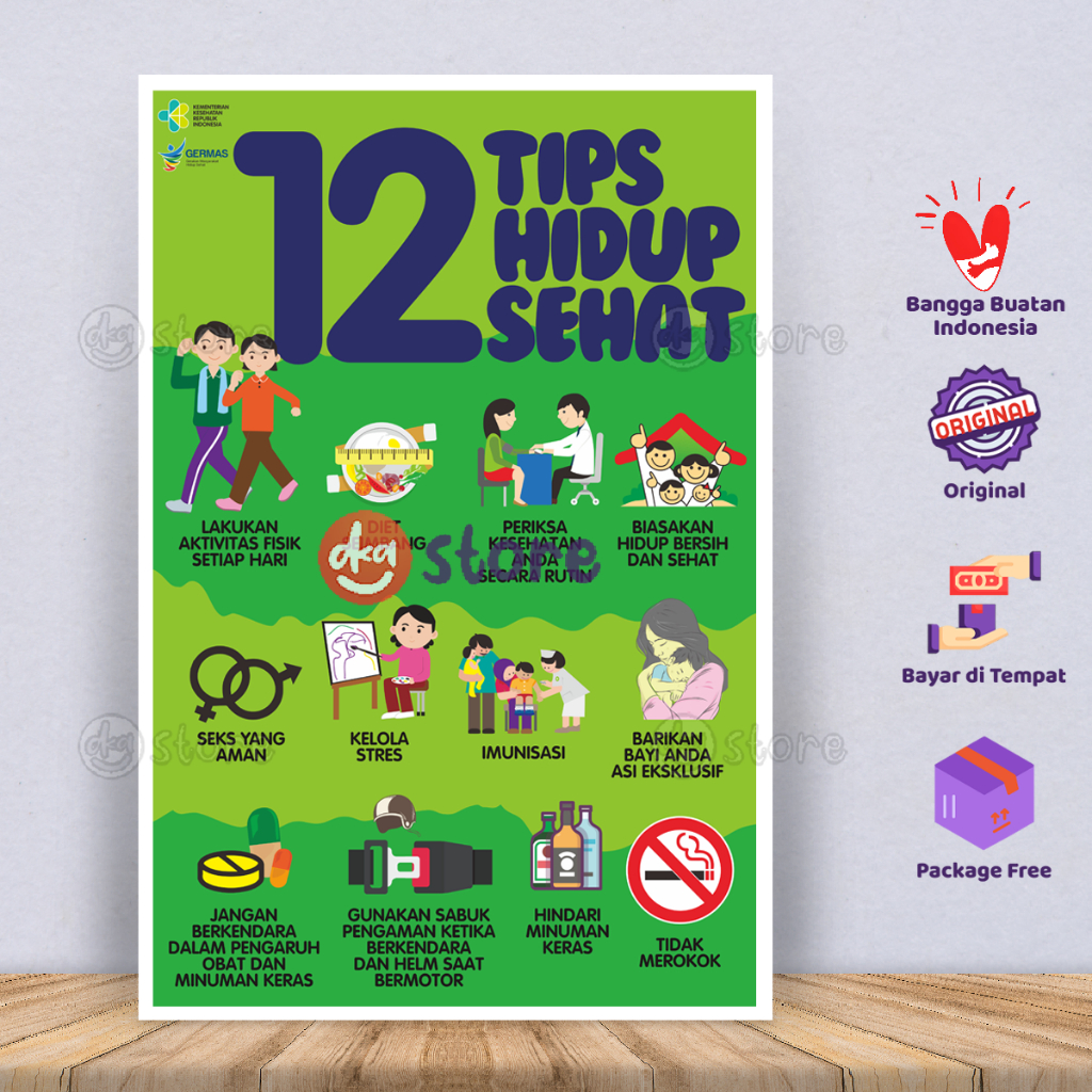 Jual poster edukasi 12 tips hidup sehat gambar cara menjaga kesehatan