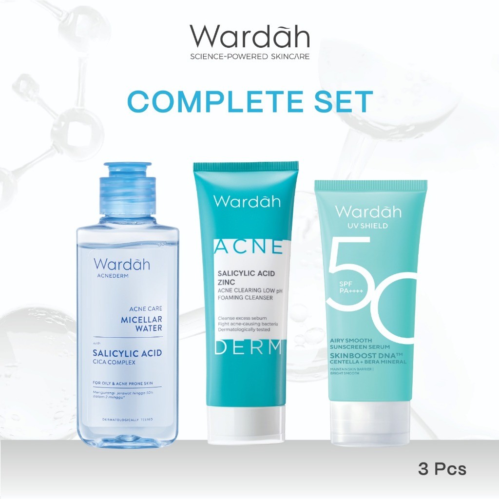 Wardah Paket Komplit Micellar Water 100 ml + Gel Cleanser Acnederm - Untuk Kulit Wajah yang Lebih Bersih