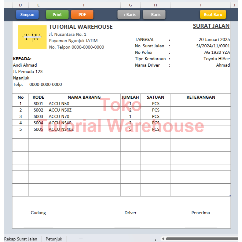 Jual Template Excel Surat Jalan Otomatis Simpan ke Arsip, Cetak PDF ...