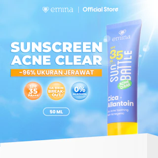 NEW! Emina Sun Battle SPF 35 PA +++ Acne Clear Cica + Allantoin Airy Acne Soothing 50 ml - Sunscreen untuk Melindungi dari sinar UV untuk Kulit Berminyak, Berjerawat, Sensitif. Ringan, no whitecast, fresh. Teruji in-vivo non-acnegenic & non-comedogenic