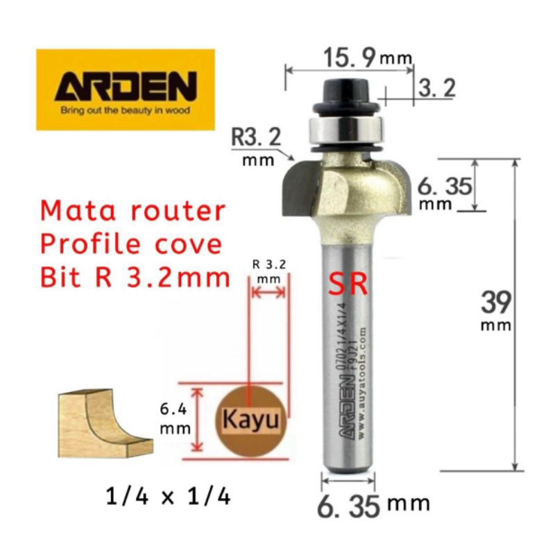 Jual Mata Profil/ Router 3.2mm Cove bits 1/4 × 1/4 × R 3.2mm ARDEN ...
