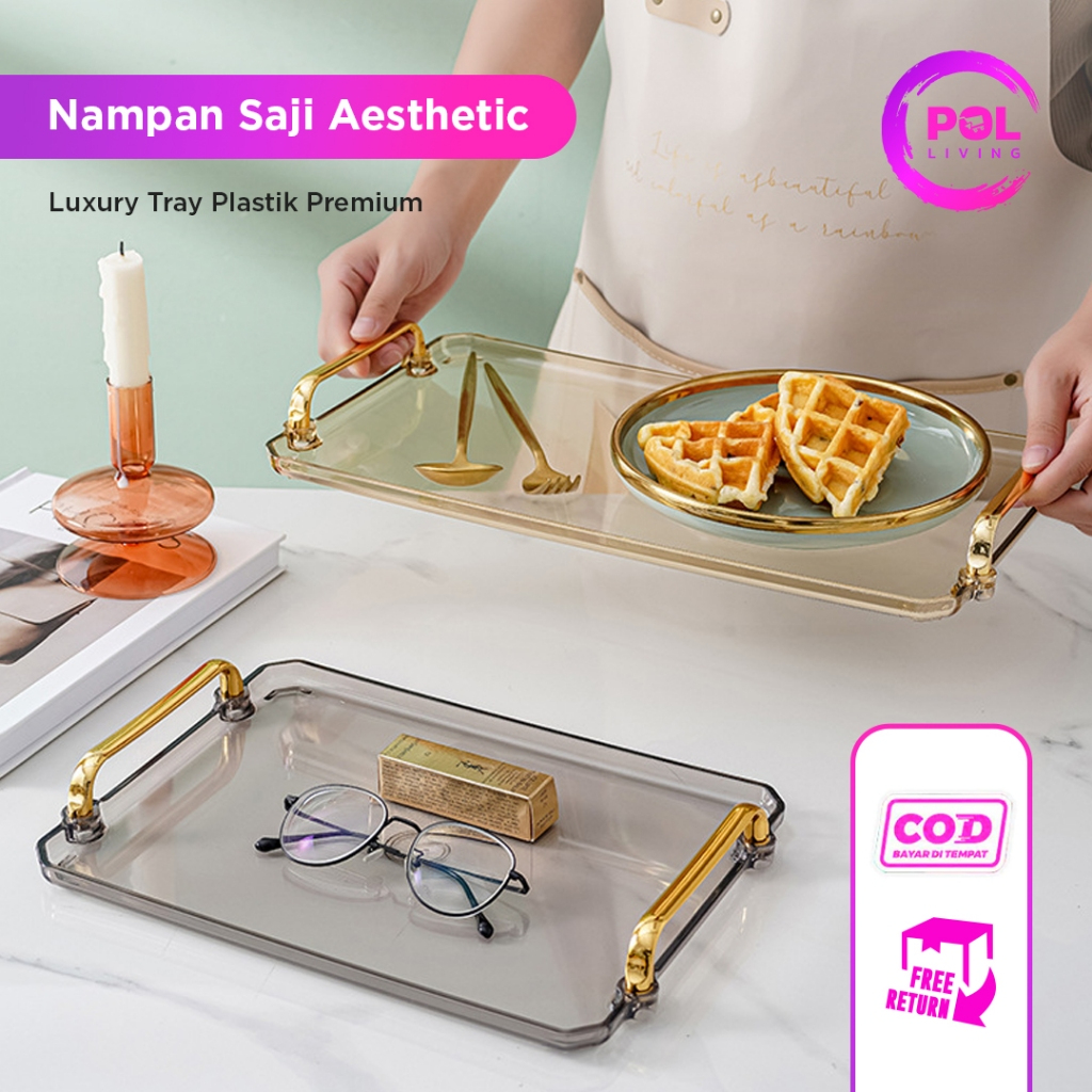 Jual [POL] COD Nampan Saji Luxury Handle Gold Nampan Aesthetic