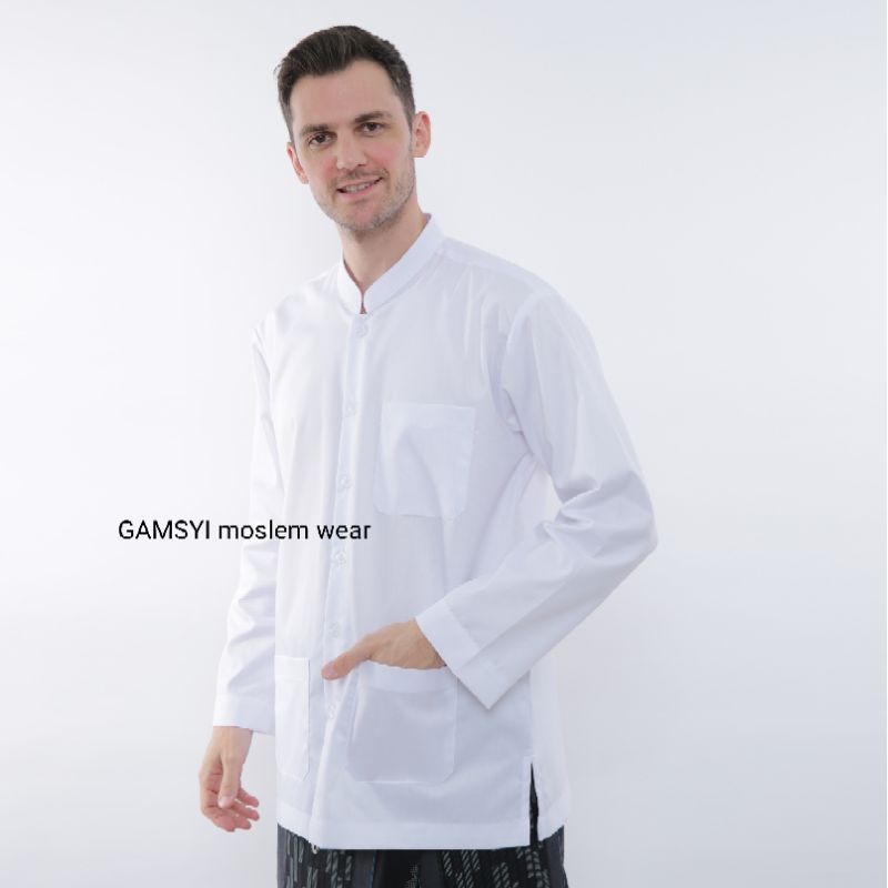 BAJU KOKO PUTIH POLOS KLASIK KANTONG DEPAN / KOKO LENGAN PANJANG