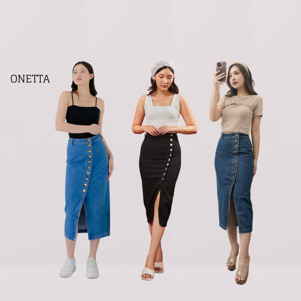 Jual Onetta - Rok Span Jeans Belah Depan Panjang 7/8 Press Body Skirt ...