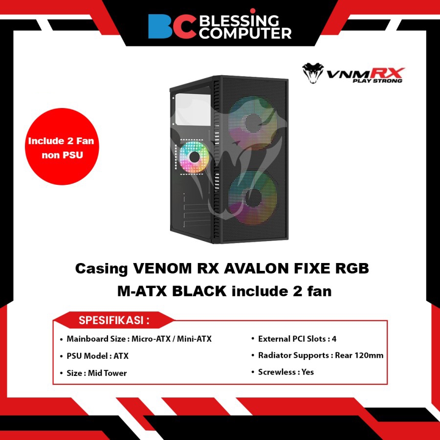Jual Casing VENOM RX AVALON FIXE RGB M-ATX BLACK include 2 fan | Shopee ...