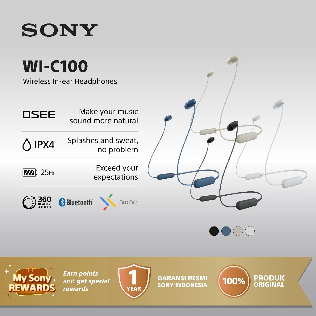 SONY WI-C100 In Ear Wireless Bluetooth Headset With Microphone For Android & IOS - Cream [Battery Up to 25h] Earphone Headphone