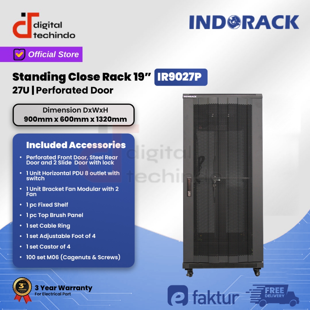 Jual IR9027P Close Rack 27U INDORACK Depth 900mm Perforated Door Rak ...