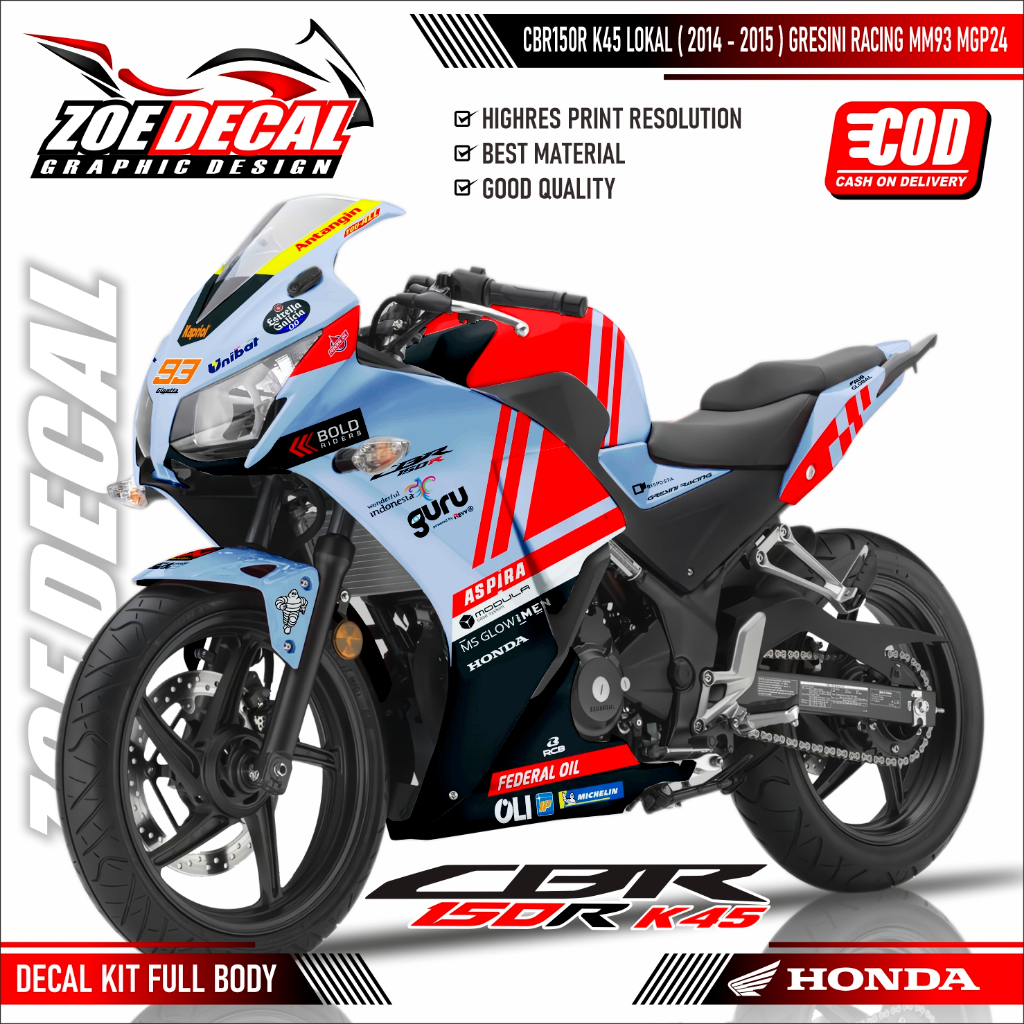 Jual TERBARU DECAL STICKER FULL BODY HONDA CBR 150 K45A MOTIF GRESINI ...