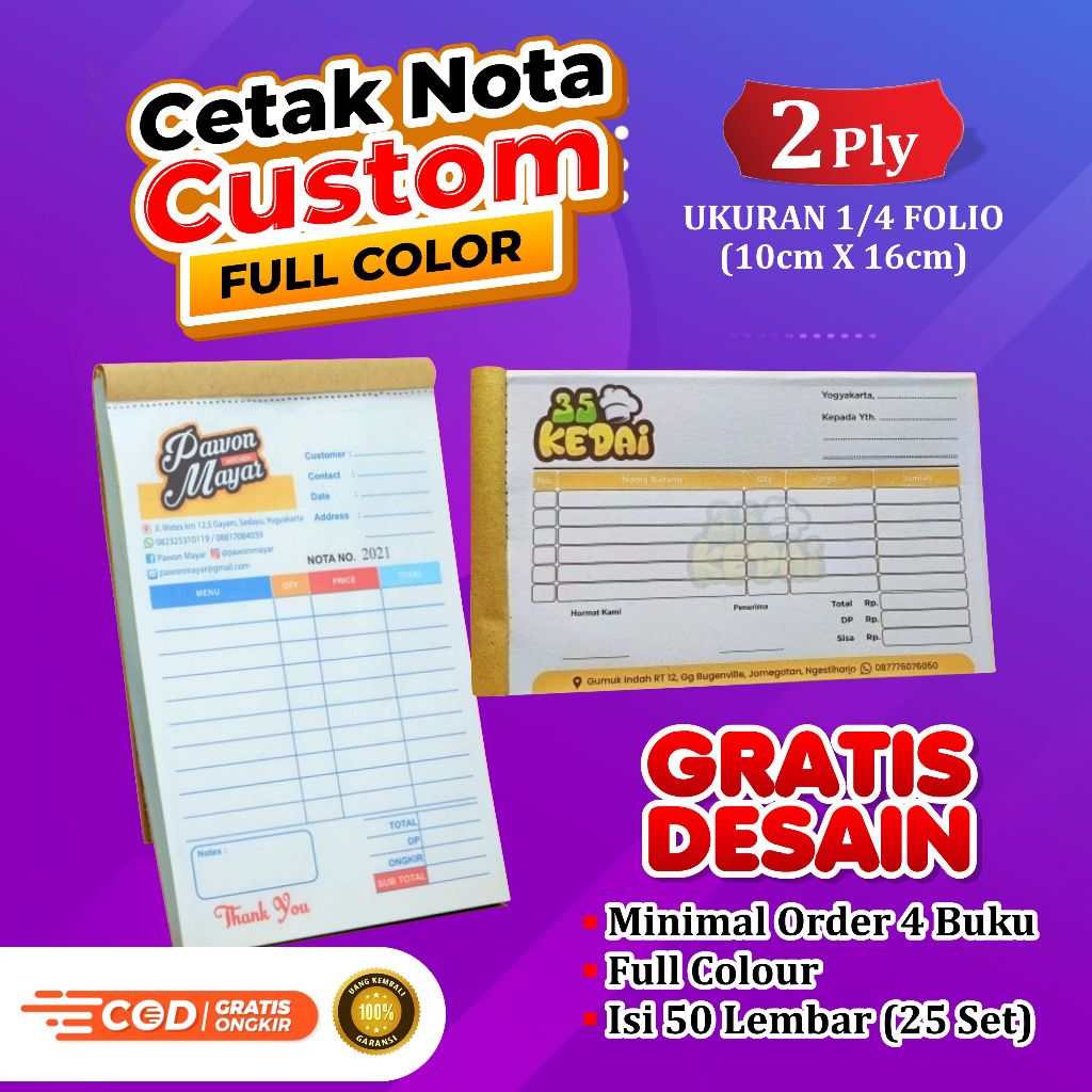 Jual PROMO Cetak Nota Custom Murah 2 ply Ukuran Sedang 1/4 Folio ...