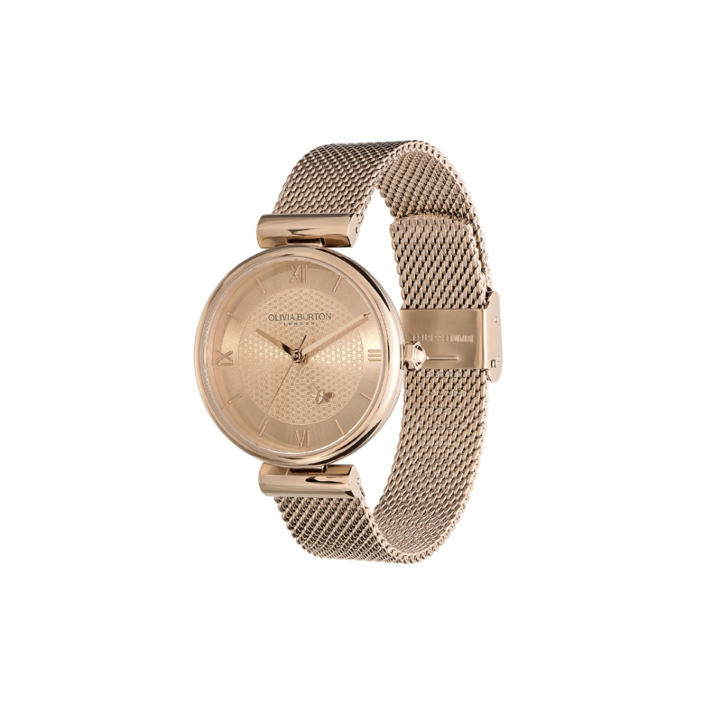 Jual Olivia Burton Minima Bee T-Bar Carnation Gold Mesh Watch 36mm ...