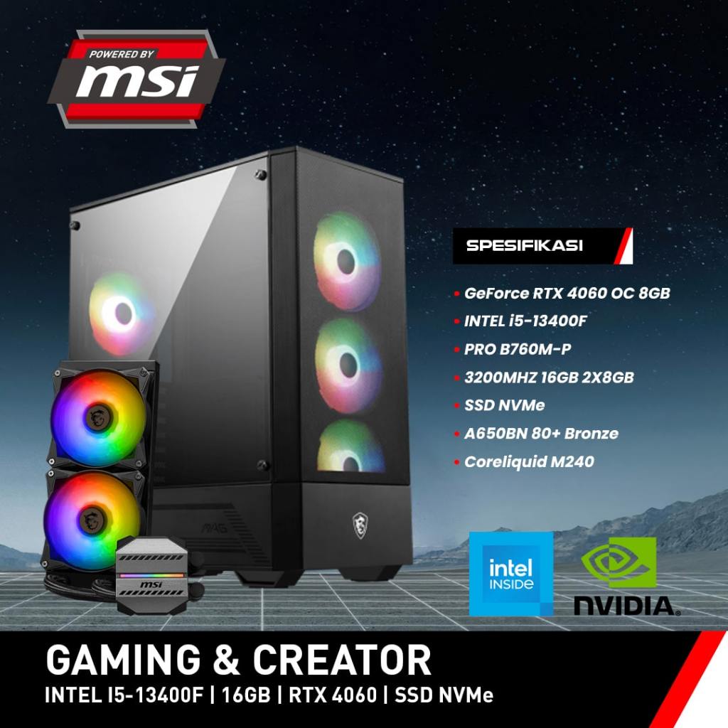 PC Rakitan MSI - GAMING & CREATOR | Intel i5-13400F | 16GB | RTX 4060 | SSD NVMe