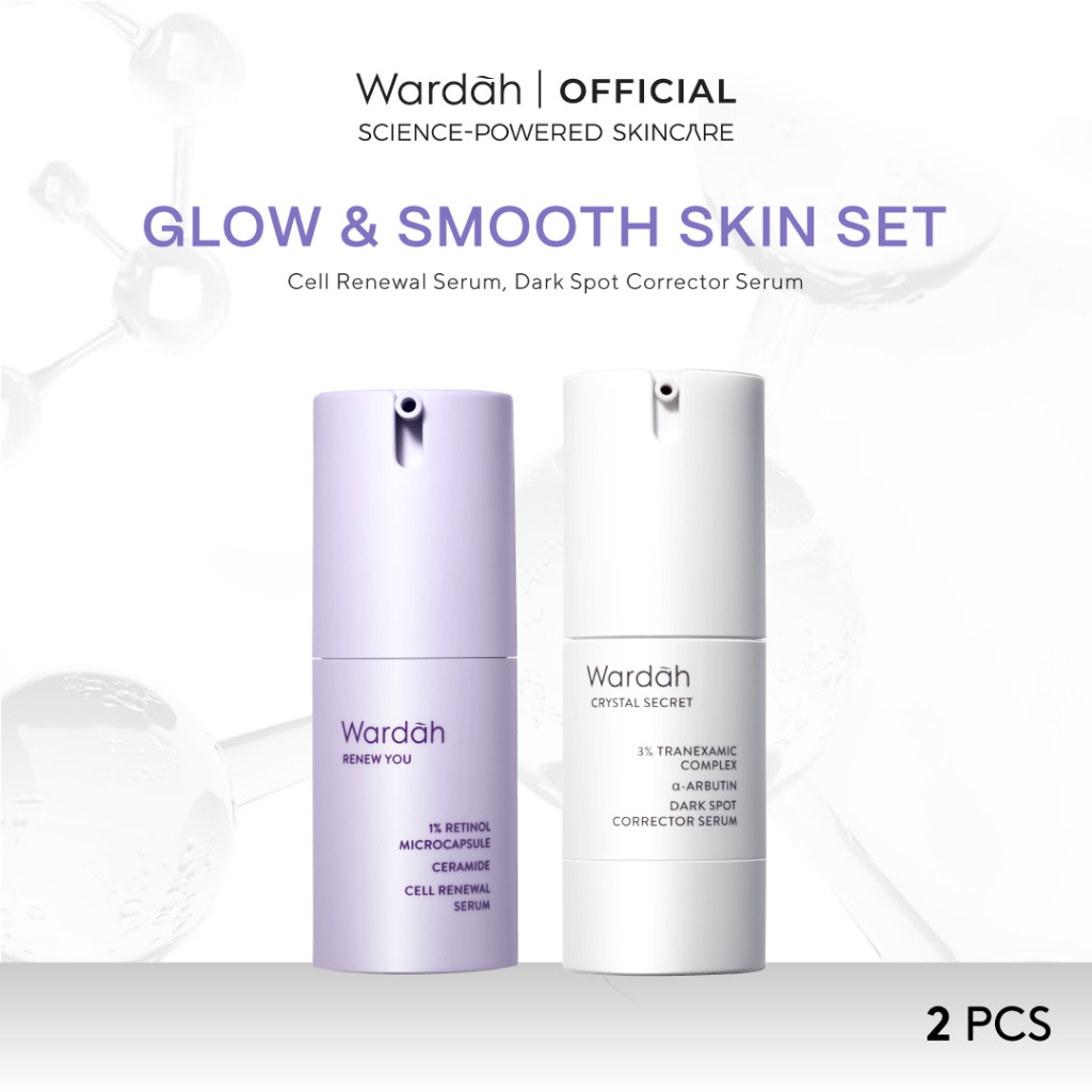 Wardah Paket Glow and Smooth Skin (Crystal Secret + Renew You Serum) with Alpha Arbutin, Bakuchiol, Retinol, Ceramide, & Niacinamide