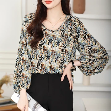 TianShun High Quality Yellow Printings Shirt Thailand Women Long Sleeve Casual Chiffon Fashion