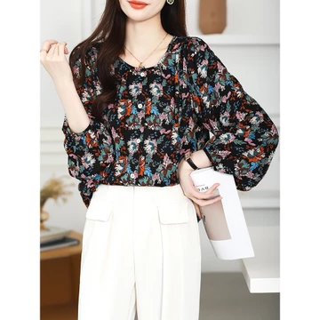 TianShun High Quality Yellow Printings Shirt Thailand Women Long Sleeve Casual Chiffon Fashion