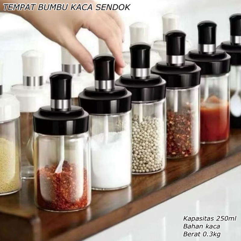 Jual TEMPAT BUMBU KACA + SENDOK 250 ML || BOTOL BUMBU KACA TEBAL