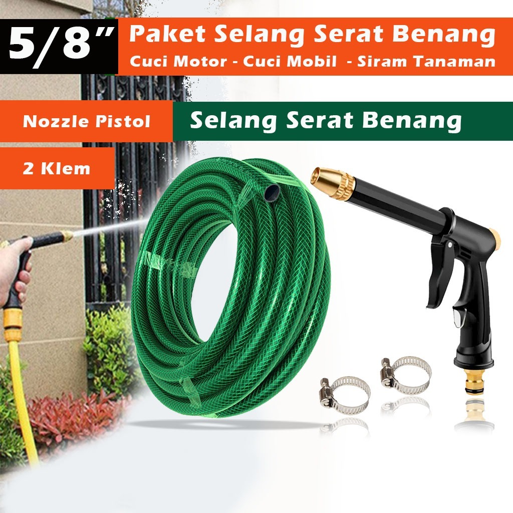 Paketan Selang Air 5/8" Semprotan New Semprot Taman Cuci Mobil Motor - Selang Air Serat Benang Cuci Motor Mobil 2MM - Selang Air Plus Nozzle Semprotan Model Hitam