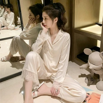 Baju Tidur Wanita Piyama Set BS 5110 Setelan Lace Renda Ice Silk Lengan Panjang Celana Panjang